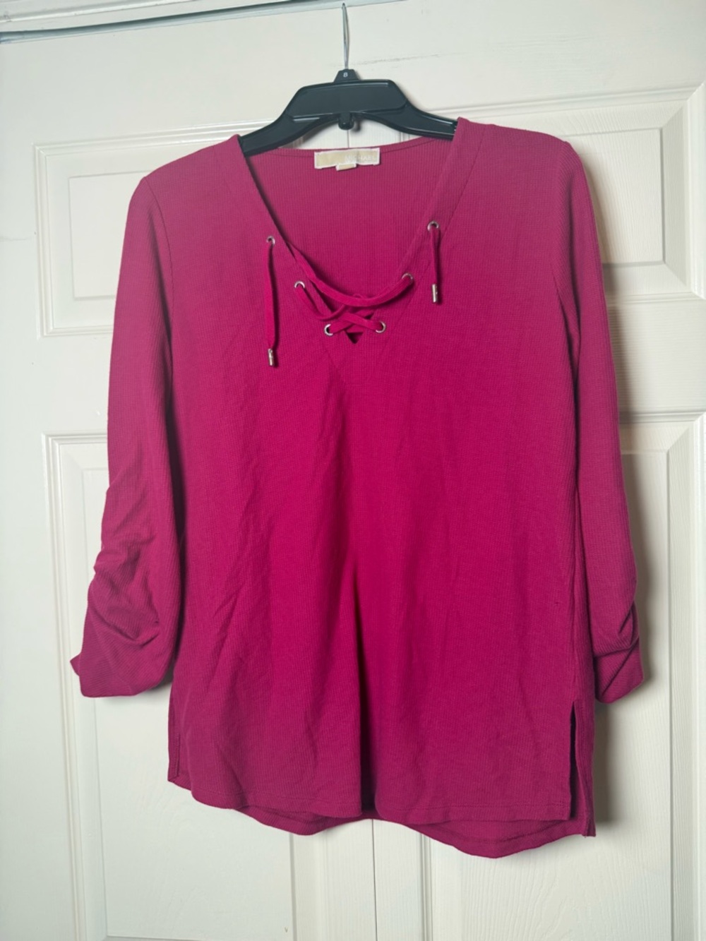 Michael Kors magenta blouse V-neckline lace-up detail 3/4 sleeves